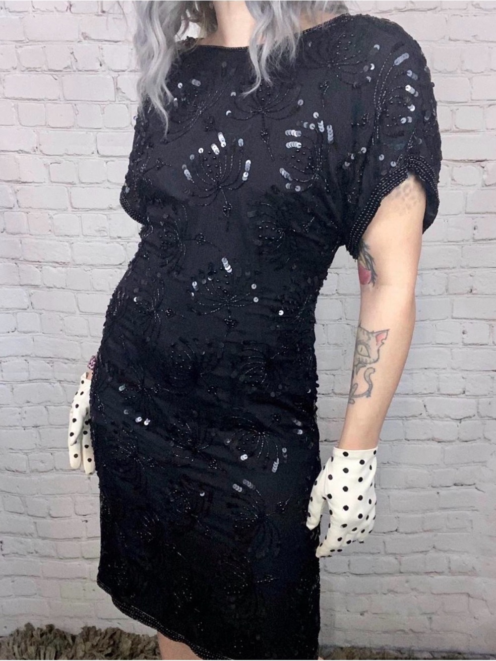 Vintage Black Silk Sequin Cocktail Dress Small